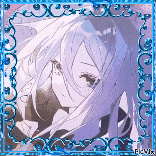 a picture of a girl with long white hair is surrounded by blue swirls