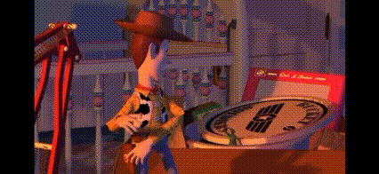 woody from toy story is standing in front of a clock
