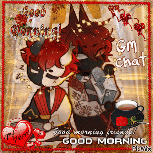 a gm chat greeting card with a cartoon character and a cup of tea