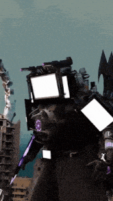 a purple and black robot with a white square on its head