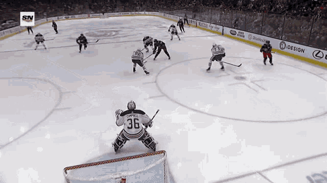 a hockey game is being played and the goalie is wearing the number 36