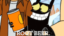 a man holding a can of root beer next to a cartoon character