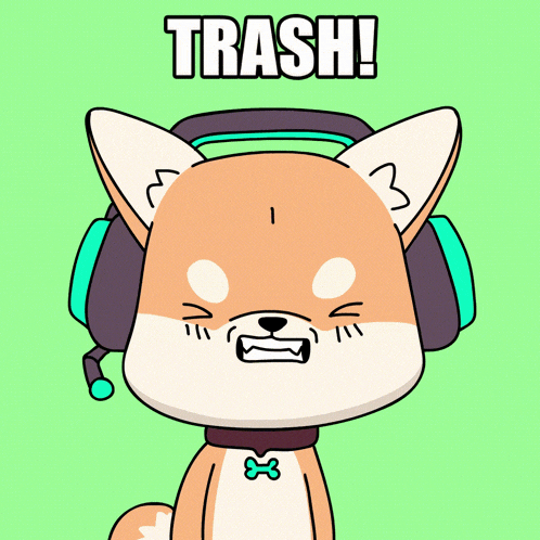 a cartoon dog wearing headphones with the words trash written above it