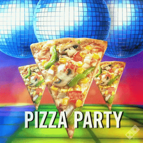 three slices of pizza are on a colorful background with disco balls and the words pizza party