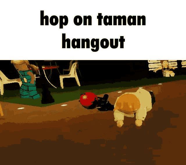 a cartoon character is crawling on the ground with the words hop on taman hangout written above him