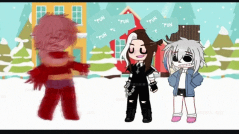 a group of cartoon characters are standing in front of a house in the snow ..