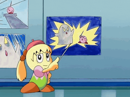 a cartoon character is pointing at a drawing of a ghost and kirby