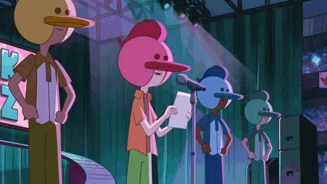 a group of cartoon characters are standing in front of a sign that says ' k ' on it