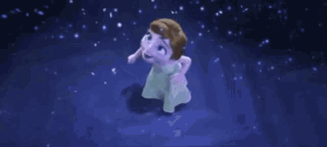 a baby anna from frozen is flying through the air with her arms outstretched in the snow .
