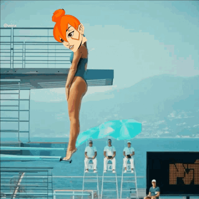a woman in a swimsuit is standing on a diving board with the word winx on the bottom left