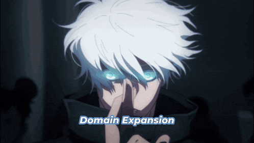 a picture of a person with white hair and blue eyes and the words domain expansion