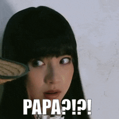 a close up of a woman 's face with the words papa ? ! ?