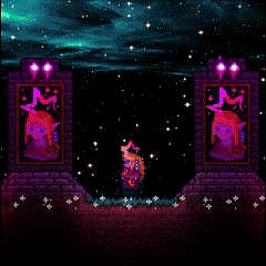 a video game scene with a purple statue in the middle of the screen