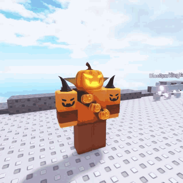 a roblox character is dressed as a pumpkin with horns .