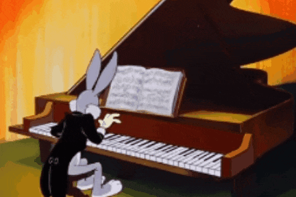 a cartoon of bugs bunny playing a piano with an open music book behind him