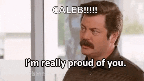 a man with a mustache is standing in front of a window and saying `` caleb ! ''