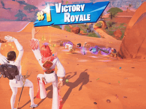 two people are standing in front of a victory royale banner