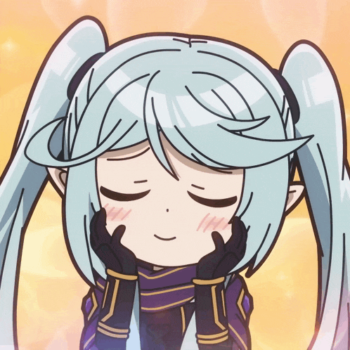 a cartoon drawing of a girl with blue hair covering her face with her hands