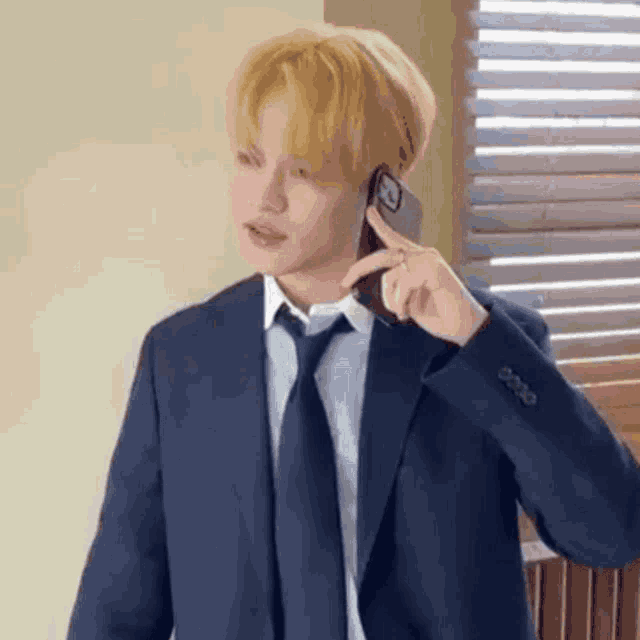 a man in a suit and tie is talking on a cell phone in front of a window .