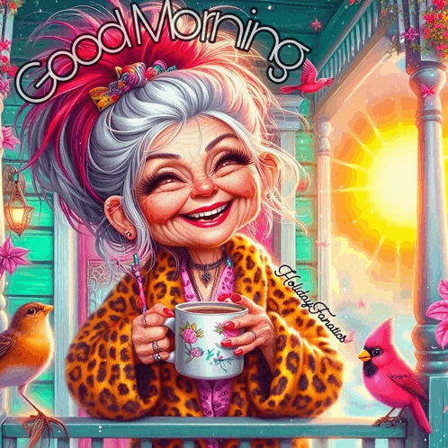 a cartoon of a woman holding a cup of coffee with the words " good morning " written above her