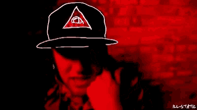 a drawing of a man wearing a hat with an eye on it