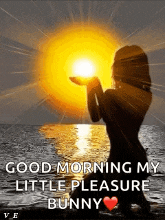 a silhouette of a woman holding the sun in her hands with the words `` good morning my little pleasure bunny ''
