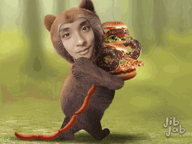 a picture of a bear holding a hamburger and donuts with jib jab written on the bottom