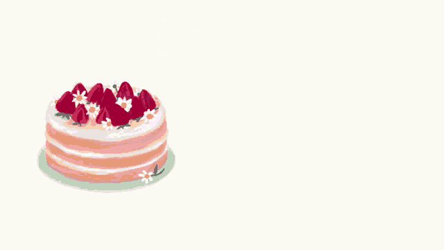 an illustration of a cake with strawberries and daisies with the words morgen frans written above it