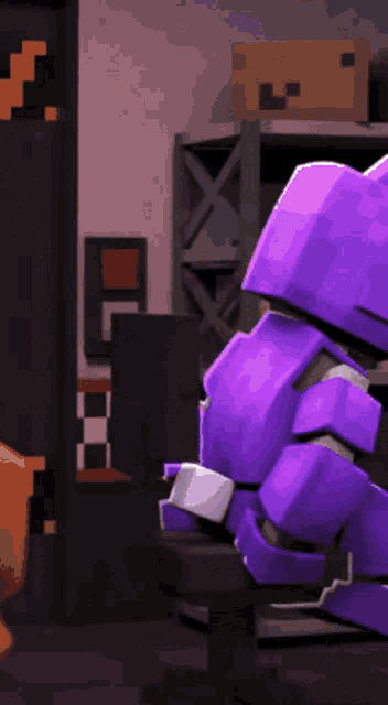 a purple robot is sitting in a chair in a video game