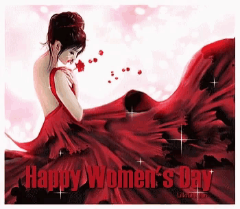 a picture of a woman in a red dress with the words happy women 's day
