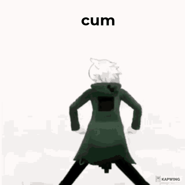 a person in a green dress is dancing with their arms in the air and the word cum is on the bottom .