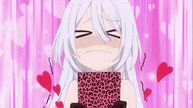 a girl with white hair is holding a leopard print scarf