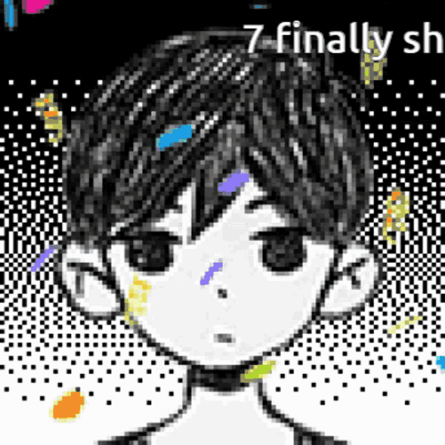 a pixel art drawing of a boy 's face with the words `` 7 finally sh '' written below it .