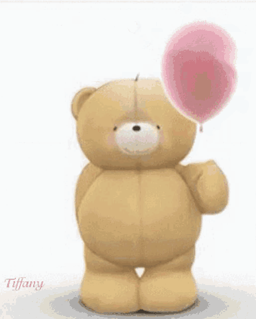 a teddy bear is holding a pink balloon with red hearts coming out of it
