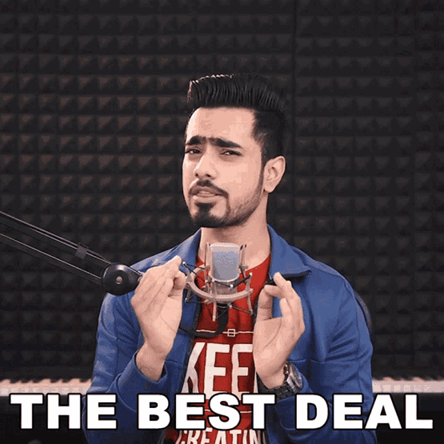 a man singing into a microphone with the words " the best deal " above him