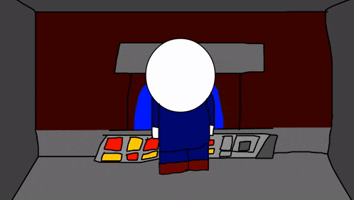 a cartoon drawing of a person standing in a room with a red wall