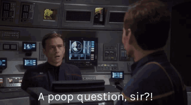 two men in a room with the words a poop question sir below them