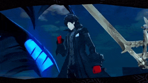 a man in a black suit is standing next to a giant monster in a video game .