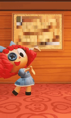 a stuffed doll with red hair and a blue eye is standing in front of a framed picture