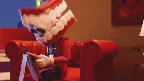 a man with fake teeth is sitting on a red chair