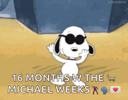 a cartoon of snoopy wearing sunglasses with the words 16 months w the michael weeks