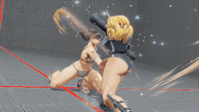 a video game character is doing a handstand on another character