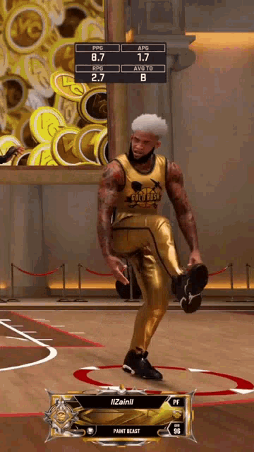 a basketball player named paint beast is wearing gold pants