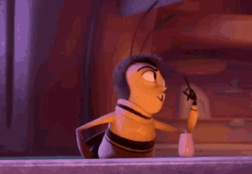 a bee from the bee movie is standing in front of a window .