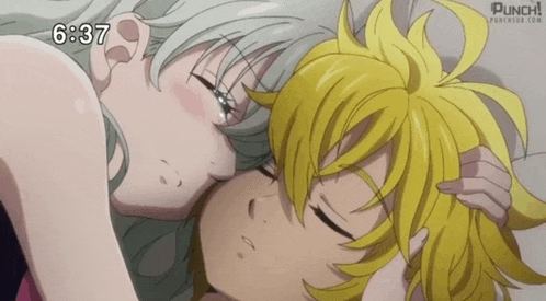 a couple of anime characters laying next to each other and the time 6:37