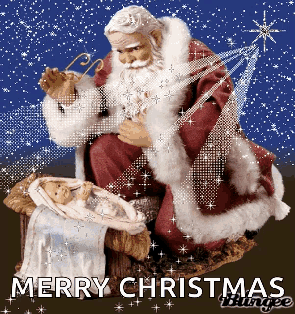 a merry christmas greeting card with a statue of santa