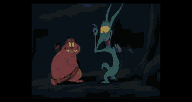 a cartoon character standing next to a cartoon character with horns