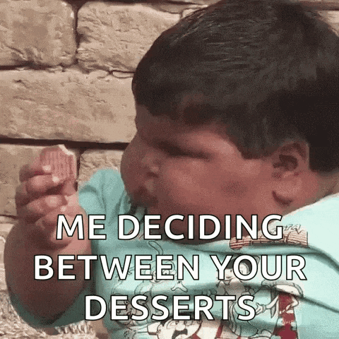 a little boy is eating a cookie and making a funny face while saying me deciding between your desserts .