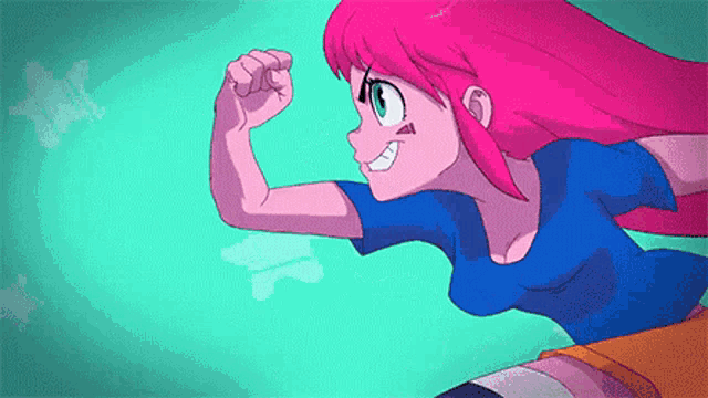 a cartoon girl with pink hair and a blue shirt is running .