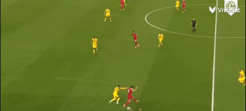 a group of soccer players are playing on a field with the letters fm on the bottom right